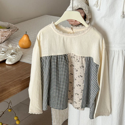 長袖シャツ・ブラウス パッチワーク長袖スモックチュニックブラウス【mh0009229】