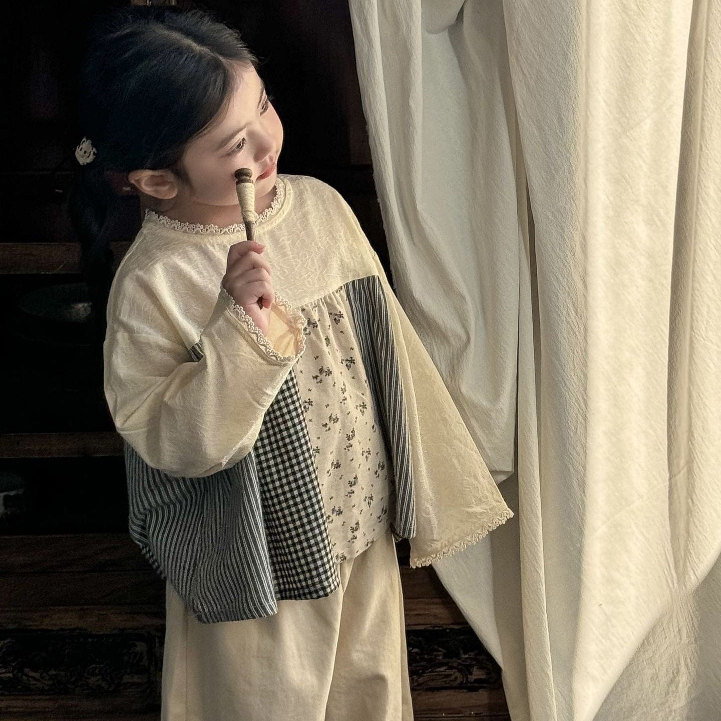 長袖シャツ・ブラウス パッチワーク長袖スモックチュニックブラウス【mh0009229】