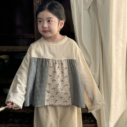 長袖シャツ・ブラウス パッチワーク長袖スモックチュニックブラウス【mh0009229】