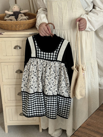 長袖セットアップ チェック柄小花プリントノースリーブワンピース レイヤードワンピース【mh0010991】