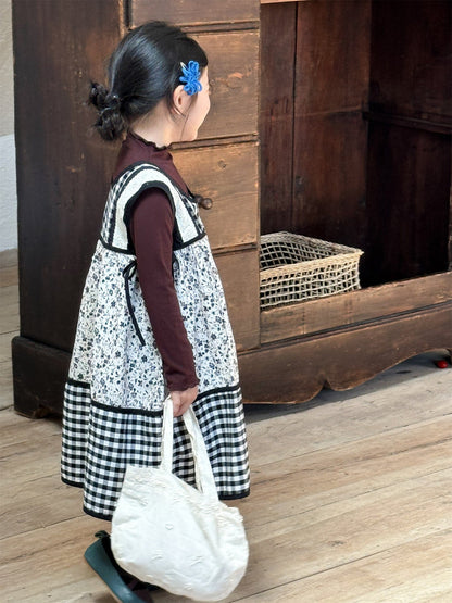 長袖セットアップ チェック柄小花プリントノースリーブワンピース レイヤードワンピース【mh0010991】