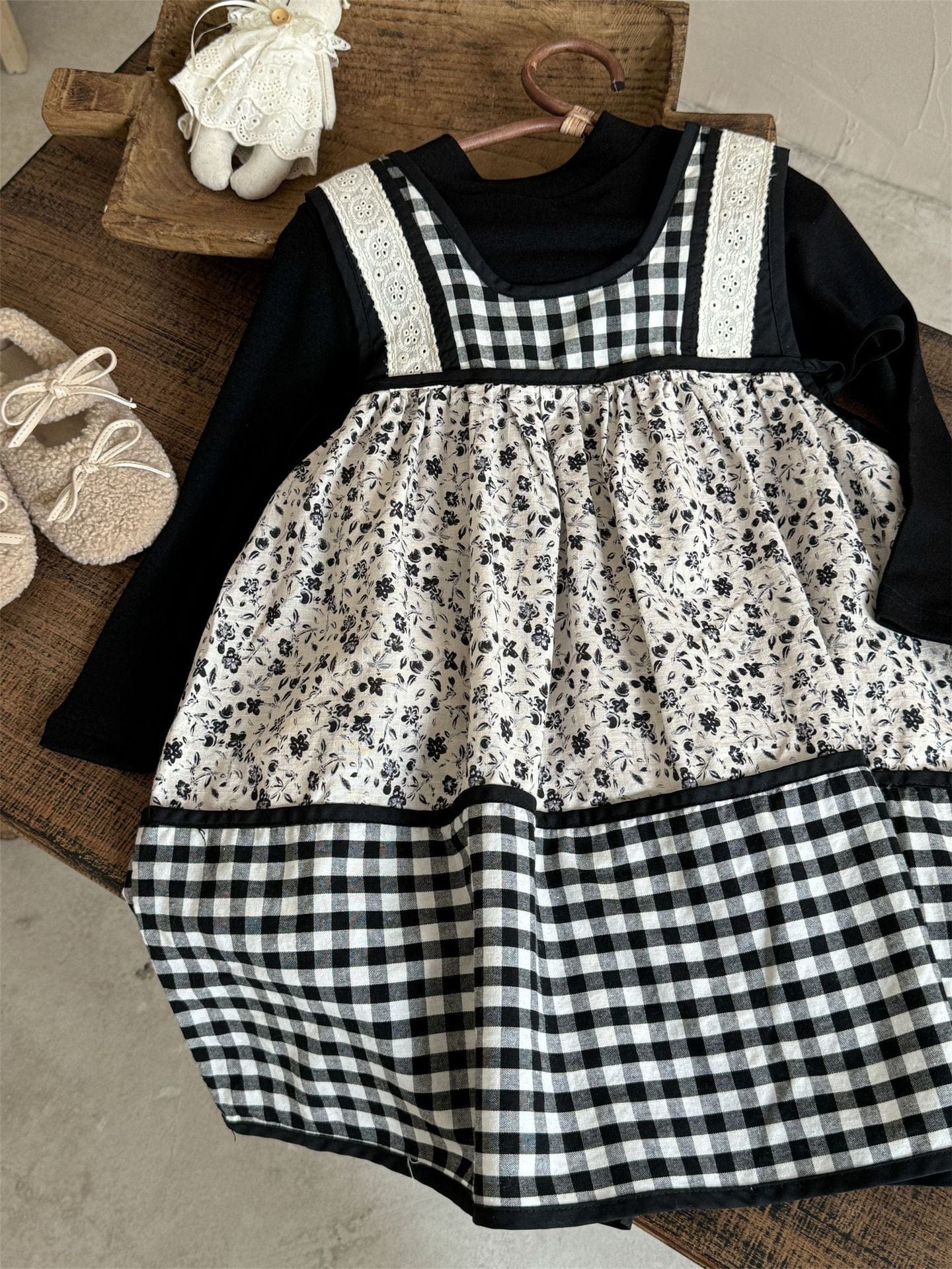 長袖セットアップ チェック柄小花プリントノースリーブワンピース レイヤードワンピース【mh0010991】