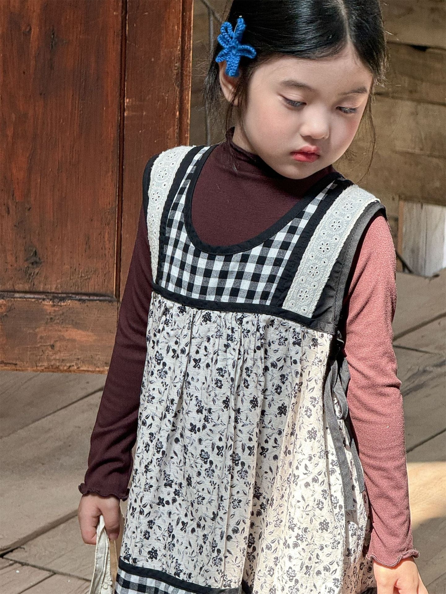 長袖セットアップ チェック柄小花プリントノースリーブワンピース レイヤードワンピース【mh0010991】