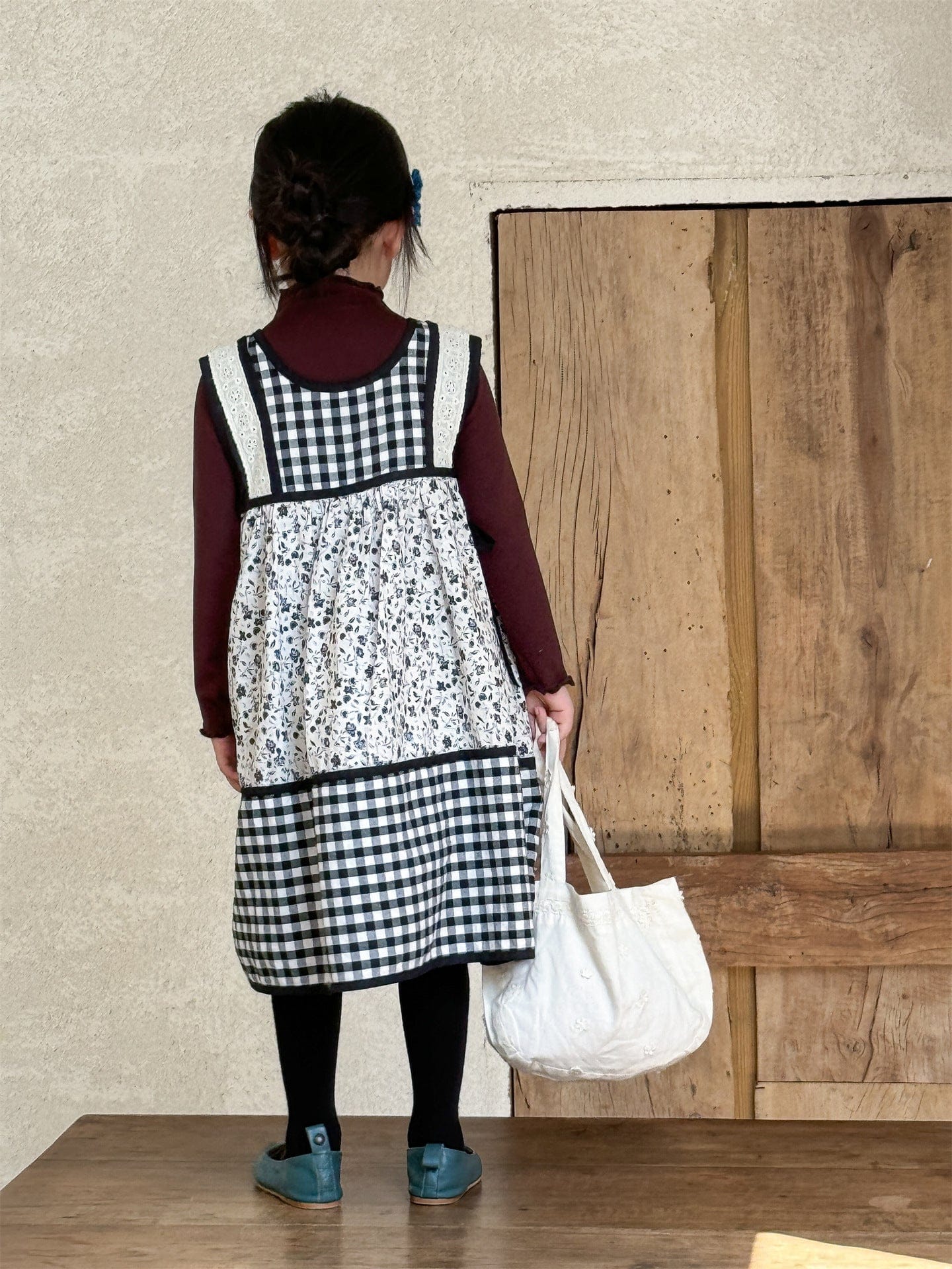 長袖セットアップ チェック柄小花プリントノースリーブワンピース レイヤードワンピース【mh0010991】