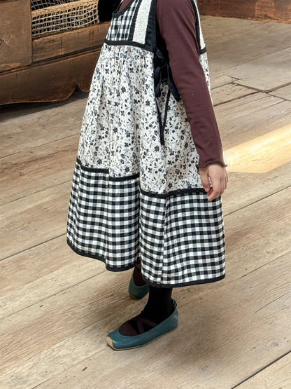 長袖セットアップ チェック柄小花プリントノースリーブワンピース レイヤードワンピース【mh0010991】