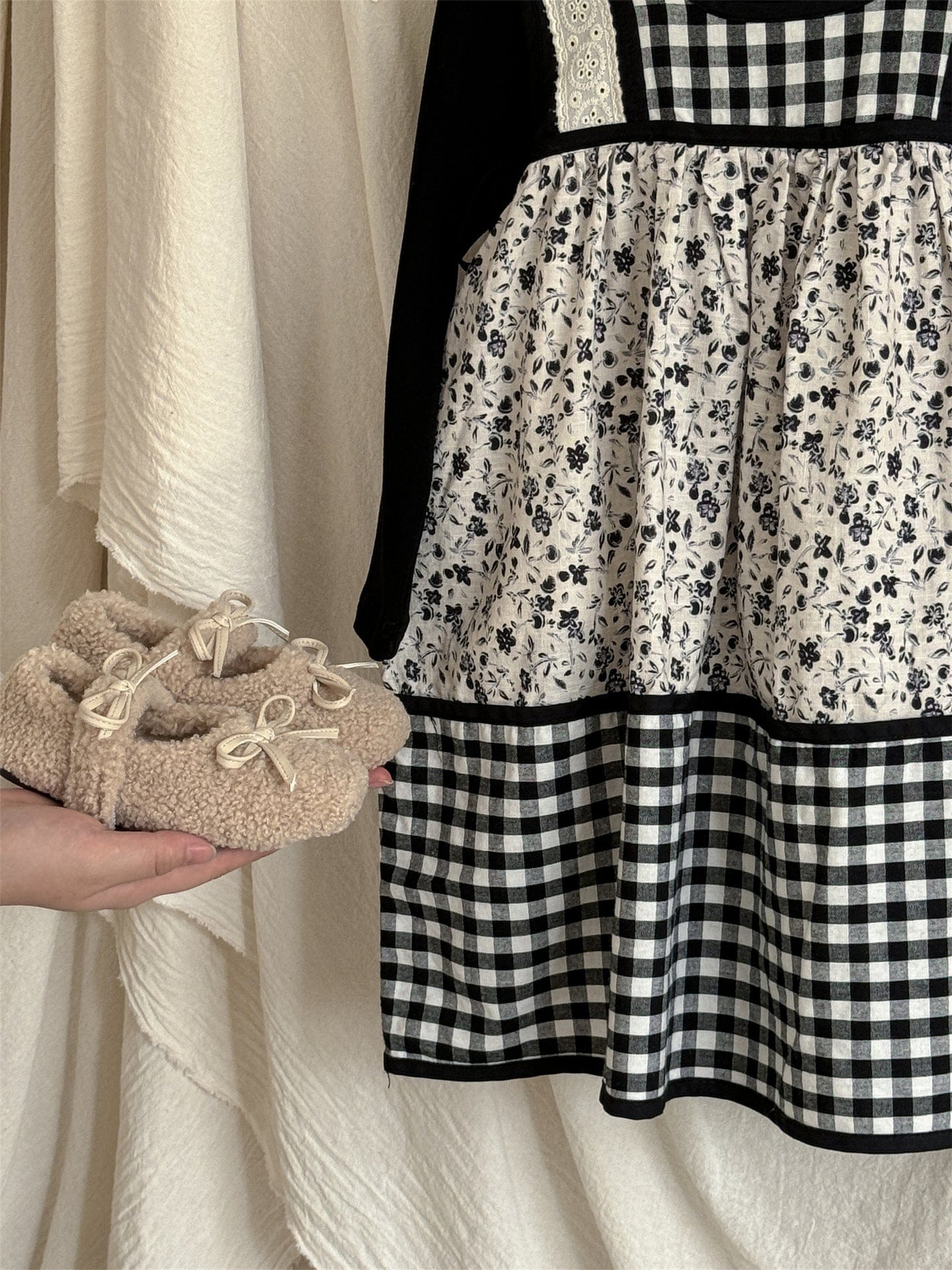 長袖セットアップ チェック柄小花プリントノースリーブワンピース レイヤードワンピース【mh0010991】