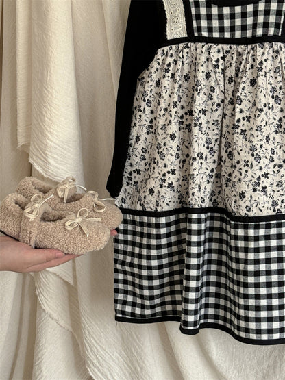 長袖セットアップ チェック柄小花プリントノースリーブワンピース レイヤードワンピース【mh0010991】