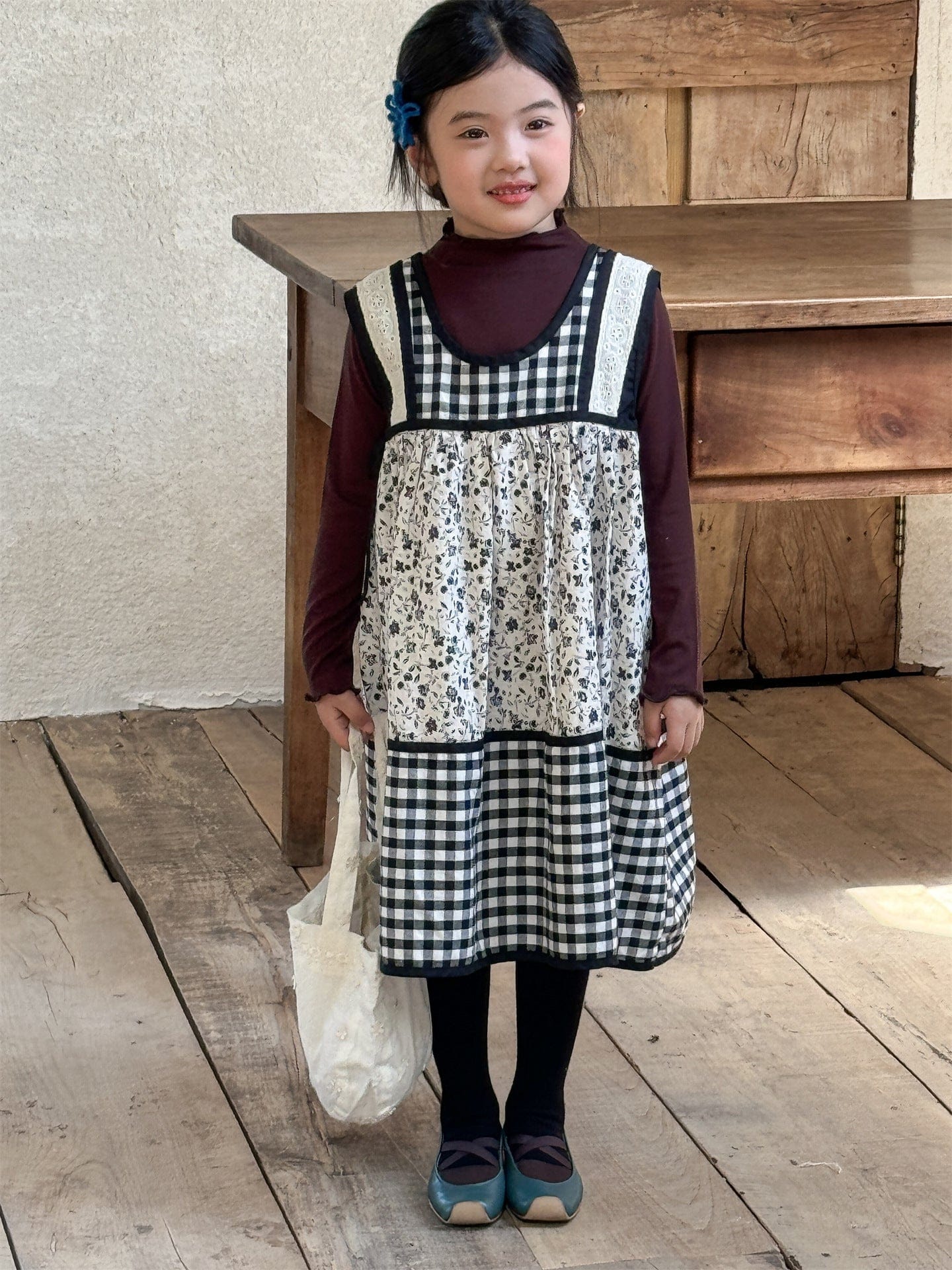 長袖セットアップ チェック柄小花プリントノースリーブワンピース レイヤードワンピース【mh0010991】