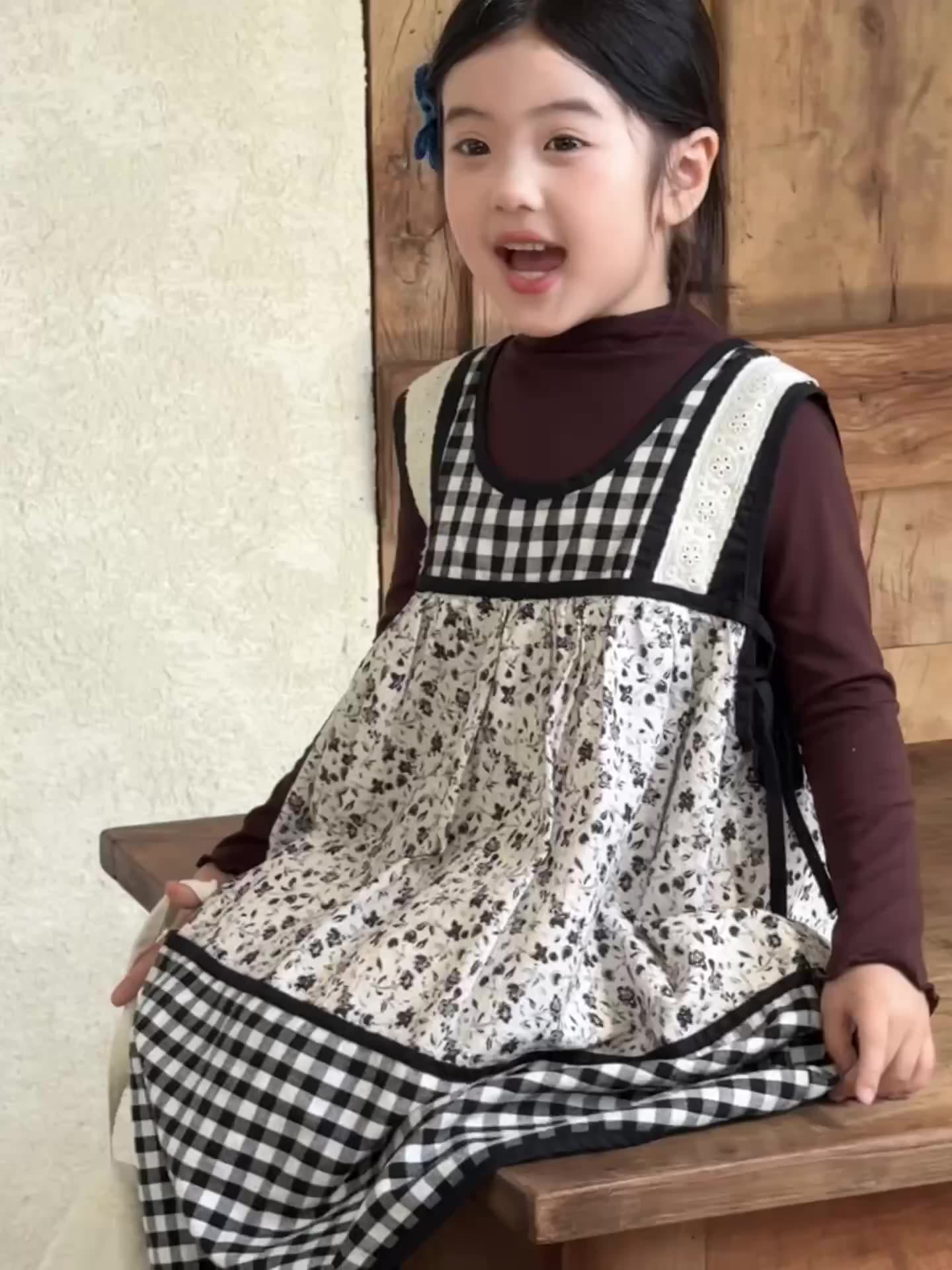 長袖セットアップ チェック柄小花プリントノースリーブワンピース レイヤードワンピース【mh0010991】