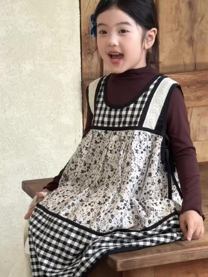 長袖セットアップ チェック柄小花プリントノースリーブワンピース レイヤードワンピース【mh0010991】