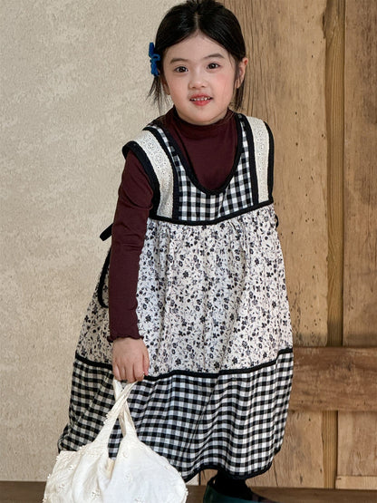 長袖セットアップ チェック柄小花プリントノースリーブワンピース レイヤードワンピース【mh0010991】