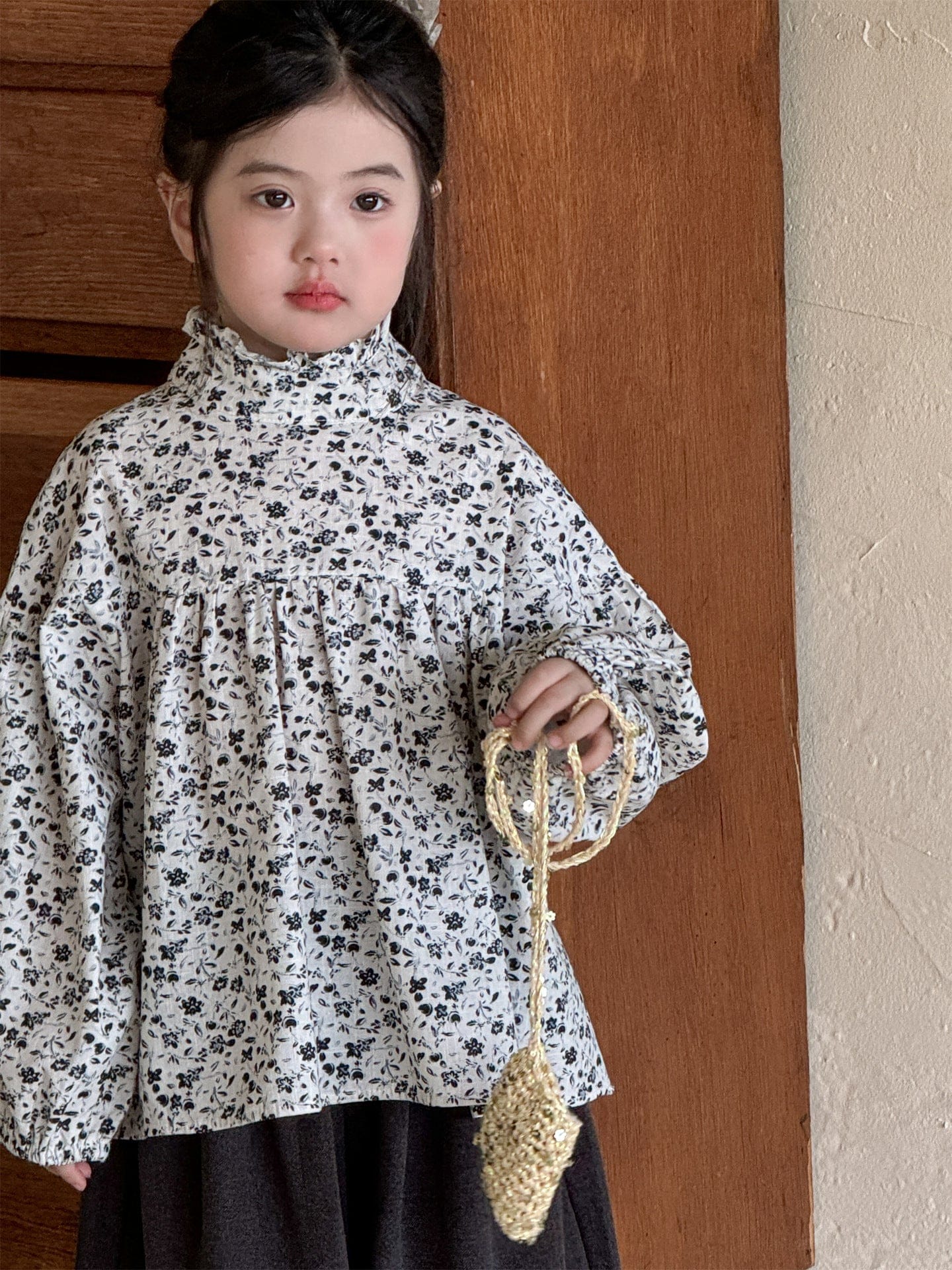 長袖シャツ・ブラウス 小花柄ハイネックブラウス キッズギャザーブラウス【mh0010994】