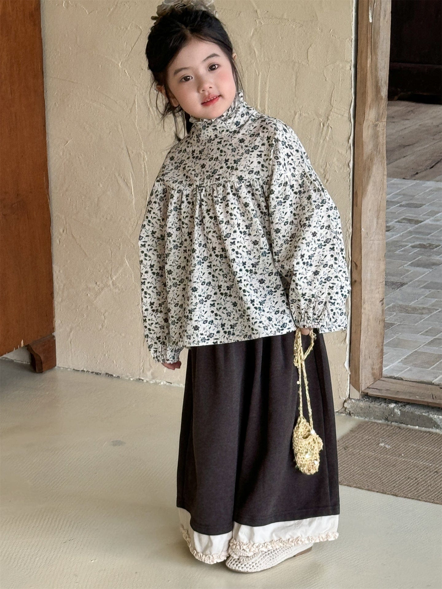 長袖シャツ・ブラウス 小花柄ハイネックブラウス キッズギャザーブラウス【mh0010994】