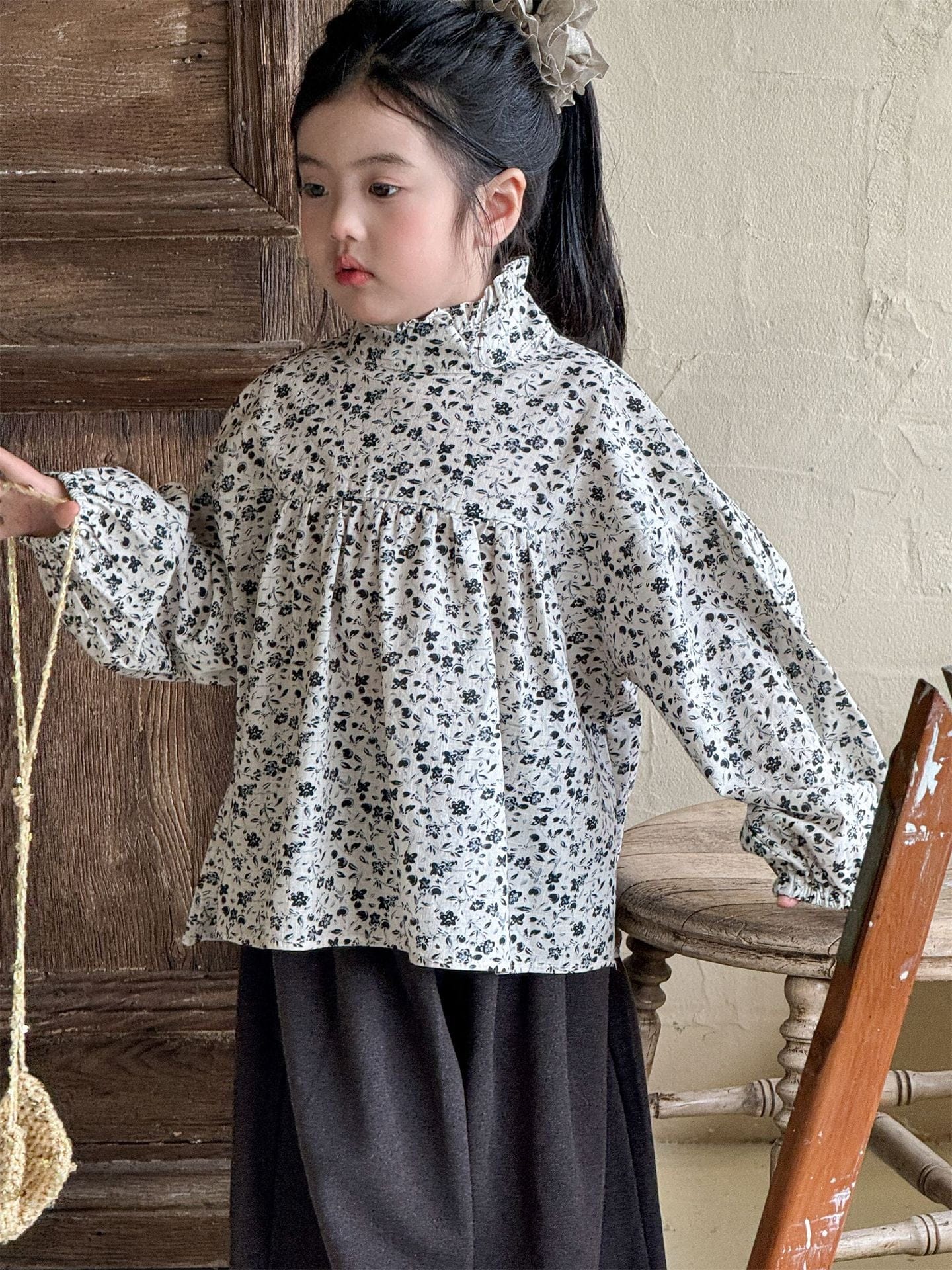 長袖シャツ・ブラウス 小花柄ハイネックブラウス キッズギャザーブラウス【mh0010994】