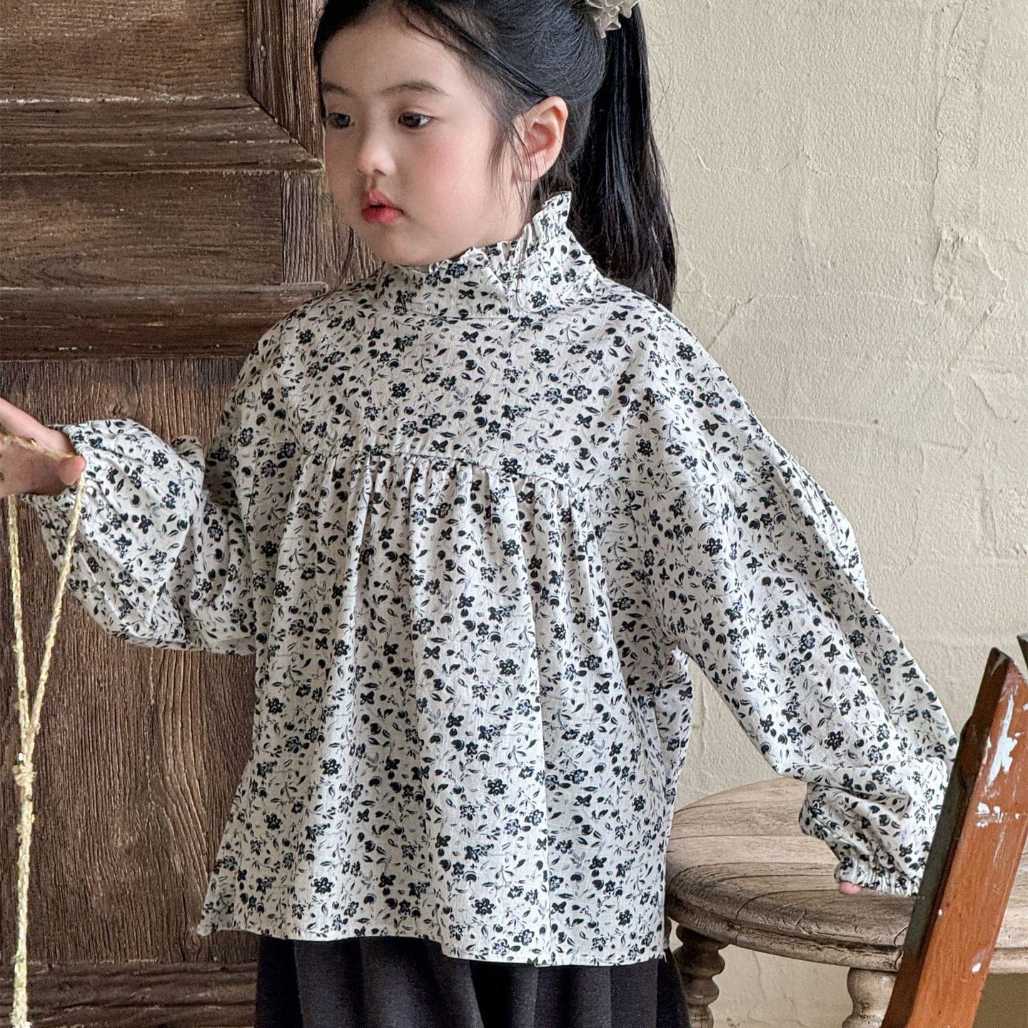 長袖シャツ・ブラウス 小花柄ハイネックブラウス キッズギャザーブラウス【mh0010994】