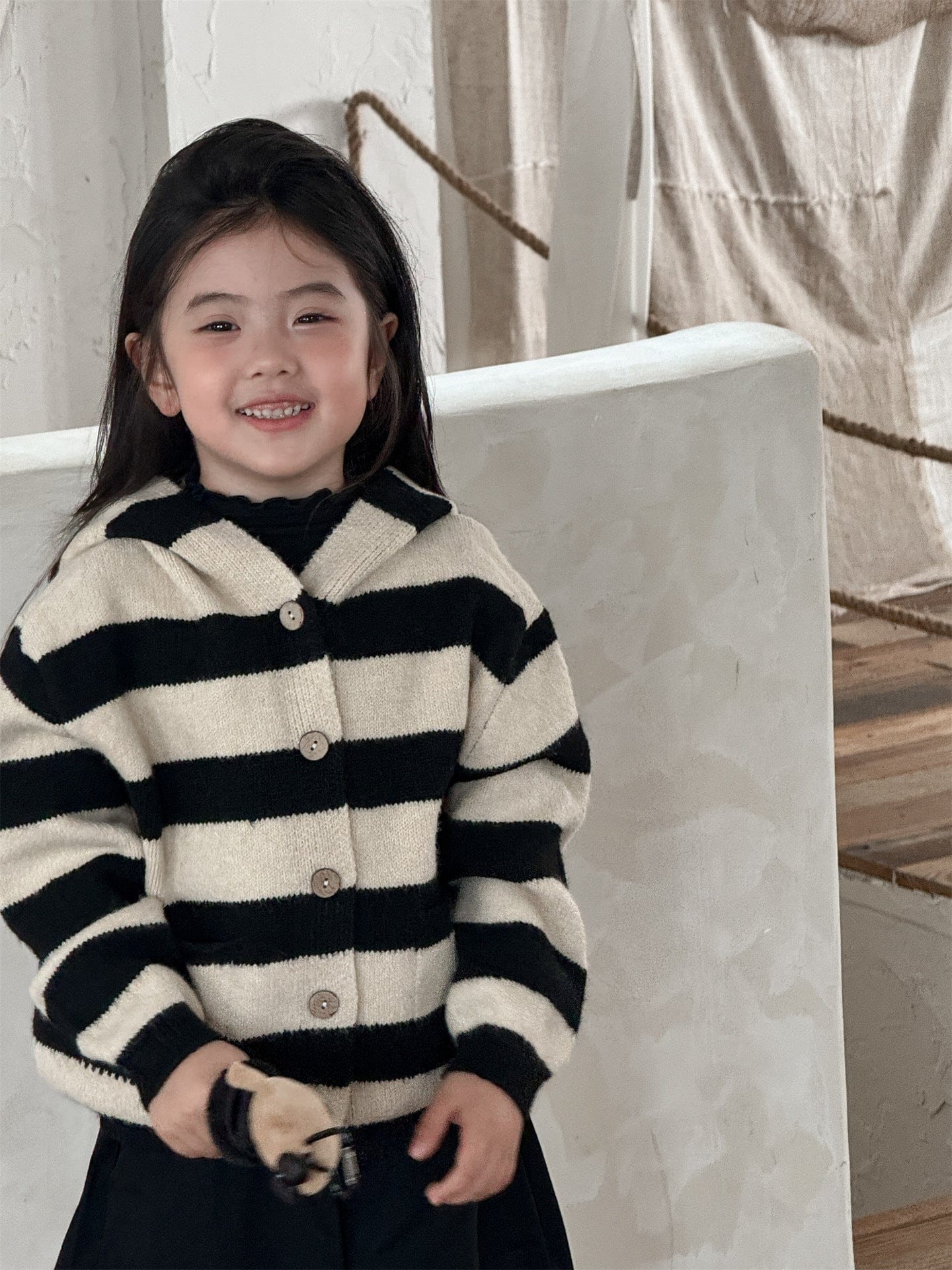 カーディガン・パーカー ボーダー柄フード付きニットカーディガン キッズセーター【mh0010998】