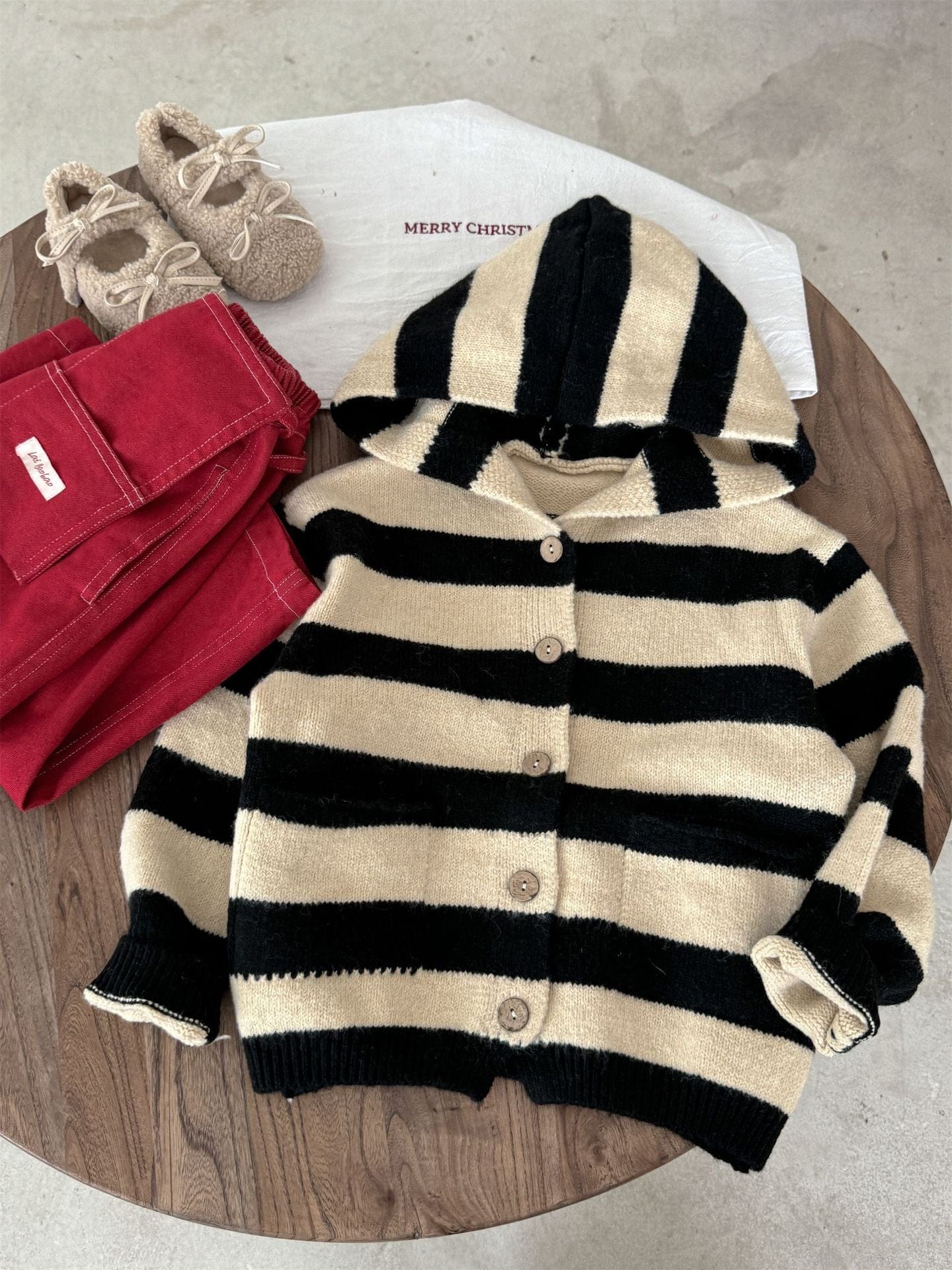 カーディガン・パーカー ボーダー柄フード付きニットカーディガン キッズセーター【mh0010998】