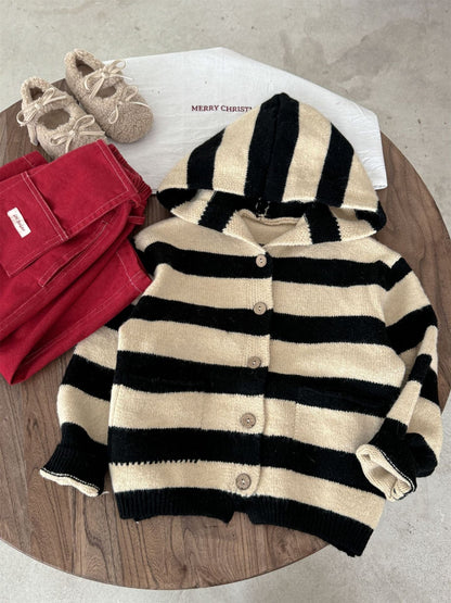 カーディガン・パーカー ボーダー柄フード付きニットカーディガン キッズセーター【mh0010998】