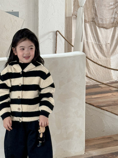 カーディガン・パーカー ボーダー柄フード付きニットカーディガン キッズセーター【mh0010998】