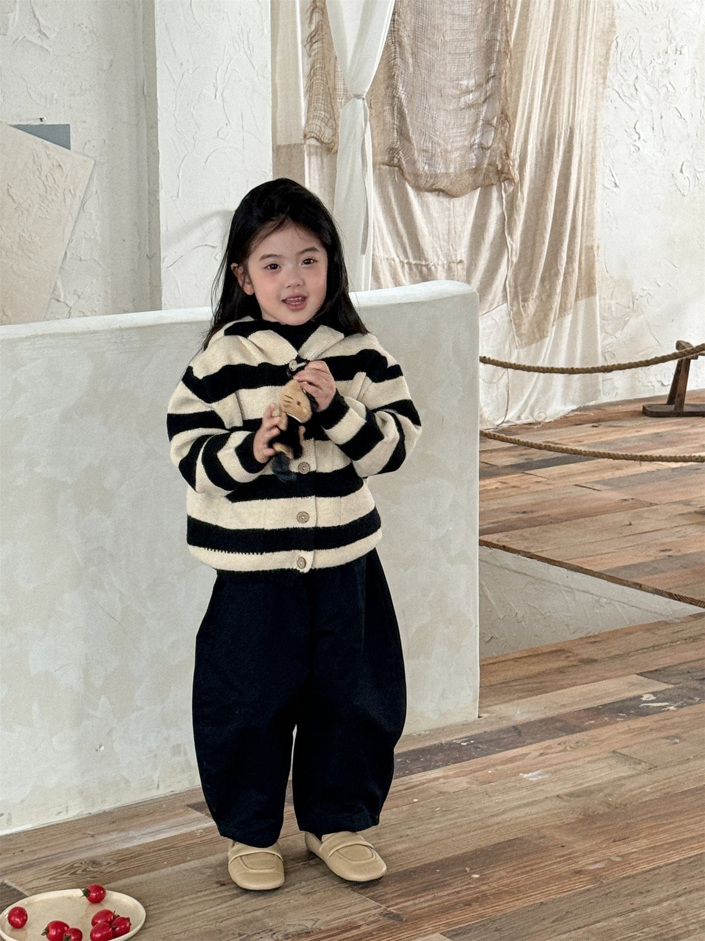 カーディガン・パーカー ボーダー柄フード付きニットカーディガン キッズセーター【mh0010998】