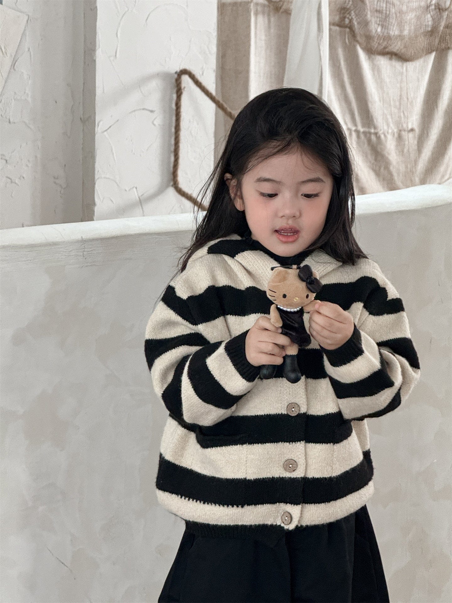 カーディガン・パーカー ボーダー柄フード付きニットカーディガン キッズセーター【mh0010998】