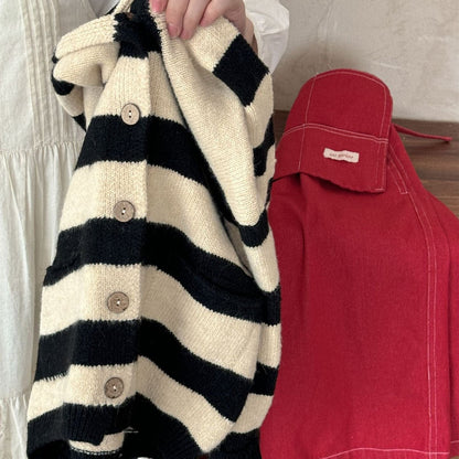 カーディガン・パーカー ボーダー柄フード付きニットカーディガン キッズセーター【mh0010998】