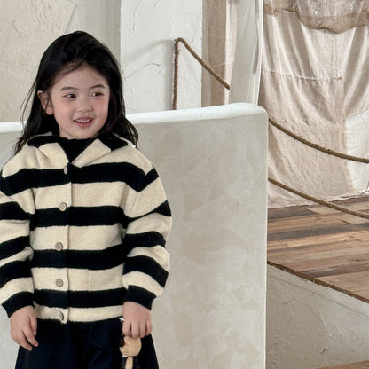 カーディガン・パーカー ボーダー柄フード付きニットカーディガン キッズセーター【mh0010998】