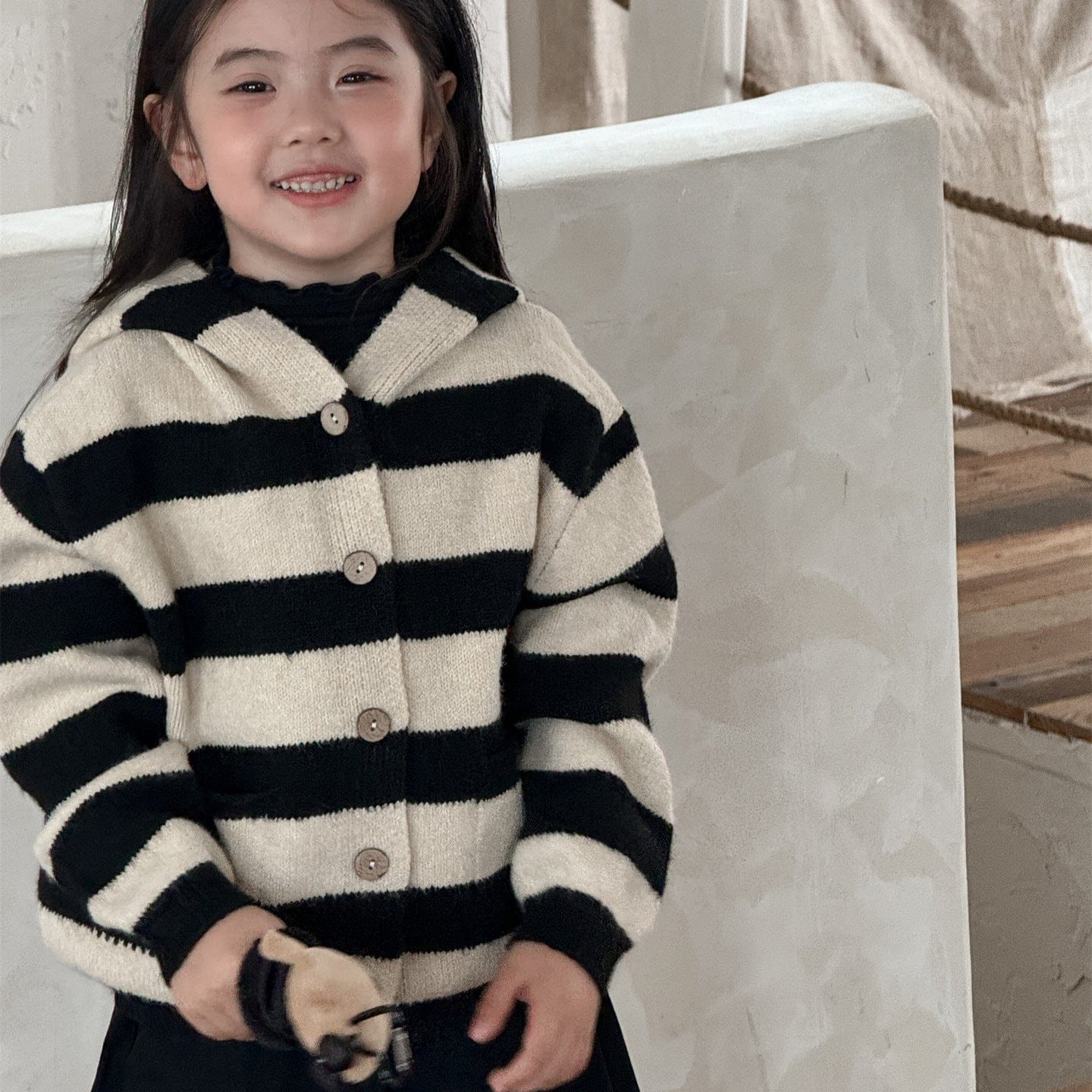 カーディガン・パーカー ボーダー柄フード付きニットカーディガン キッズセーター【mh0010998】