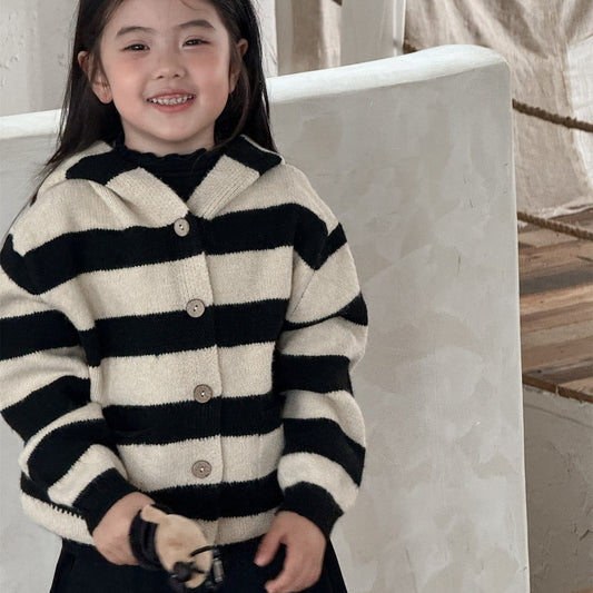 カーディガン・パーカー ボーダー柄フード付きニットカーディガン キッズセーター【mh0010998】