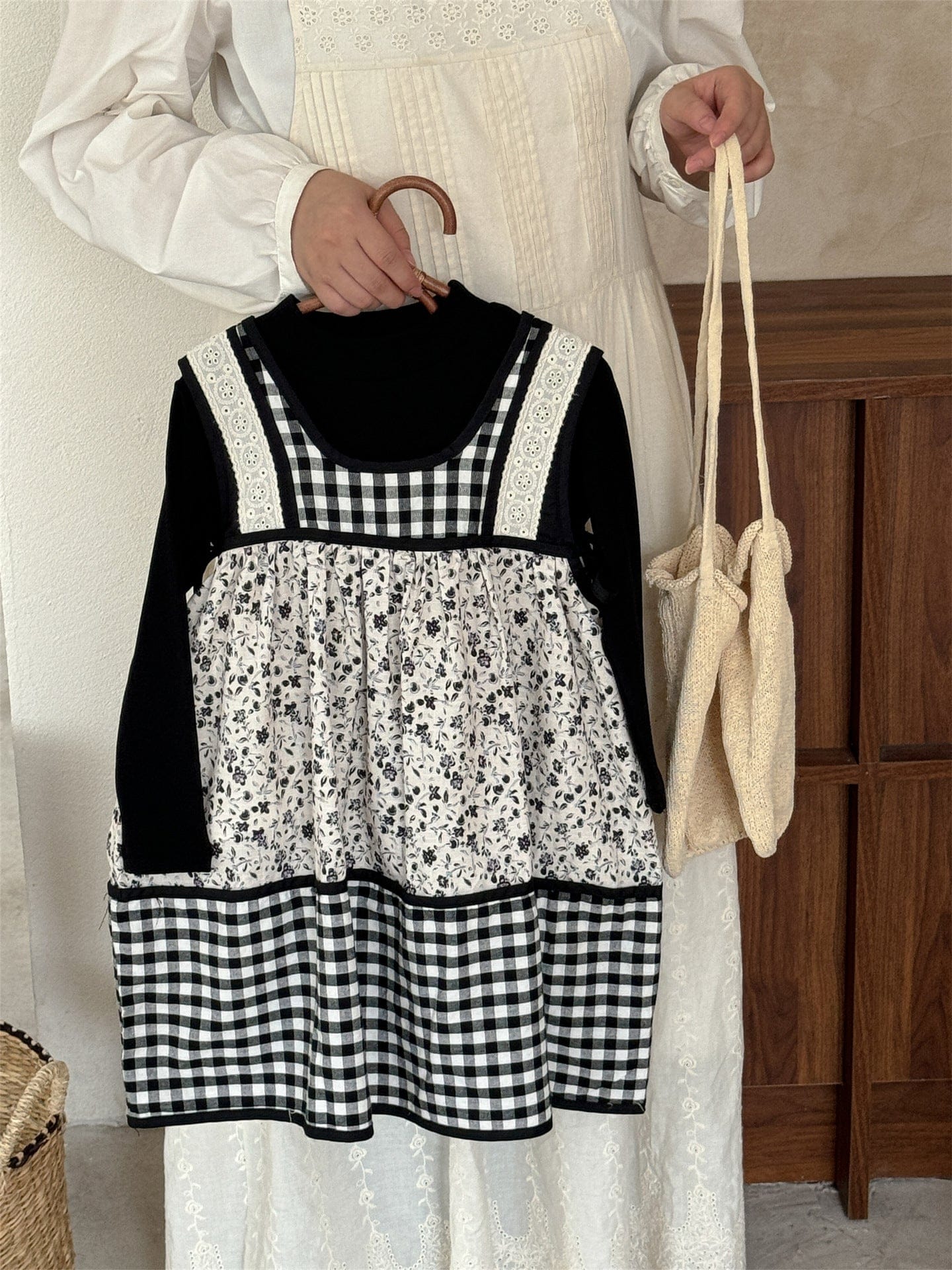 長袖セットアップ Patchwork sundress / 90cm チェック柄小花プリントノースリーブワンピース レイヤードワンピース【mh0010991】