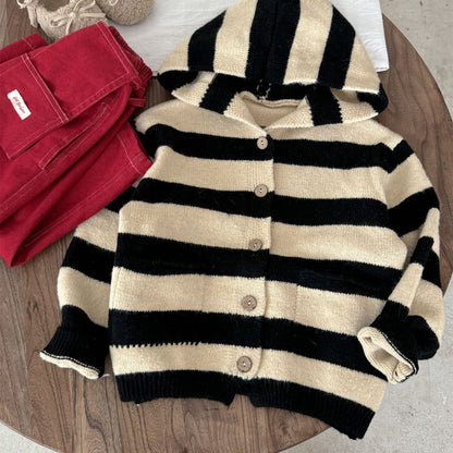 カーディガン・パーカー Stripe / 90cm ボーダー柄フード付きニットカーディガン キッズセーター【mh0010998】
