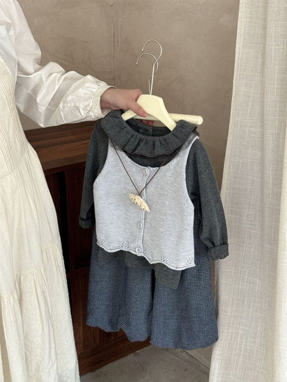 長袖セットアップ ニット前あきベスト/ラッフル襟長袖Tシャツ/ピンドットバルーンルーズロングパンツ【mh0010537】