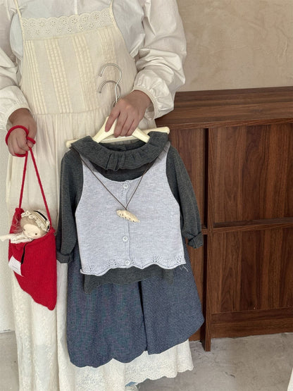 長袖セットアップ ニット前あきベスト/ラッフル襟長袖Tシャツ/ピンドットバルーンルーズロングパンツ【mh0010537】