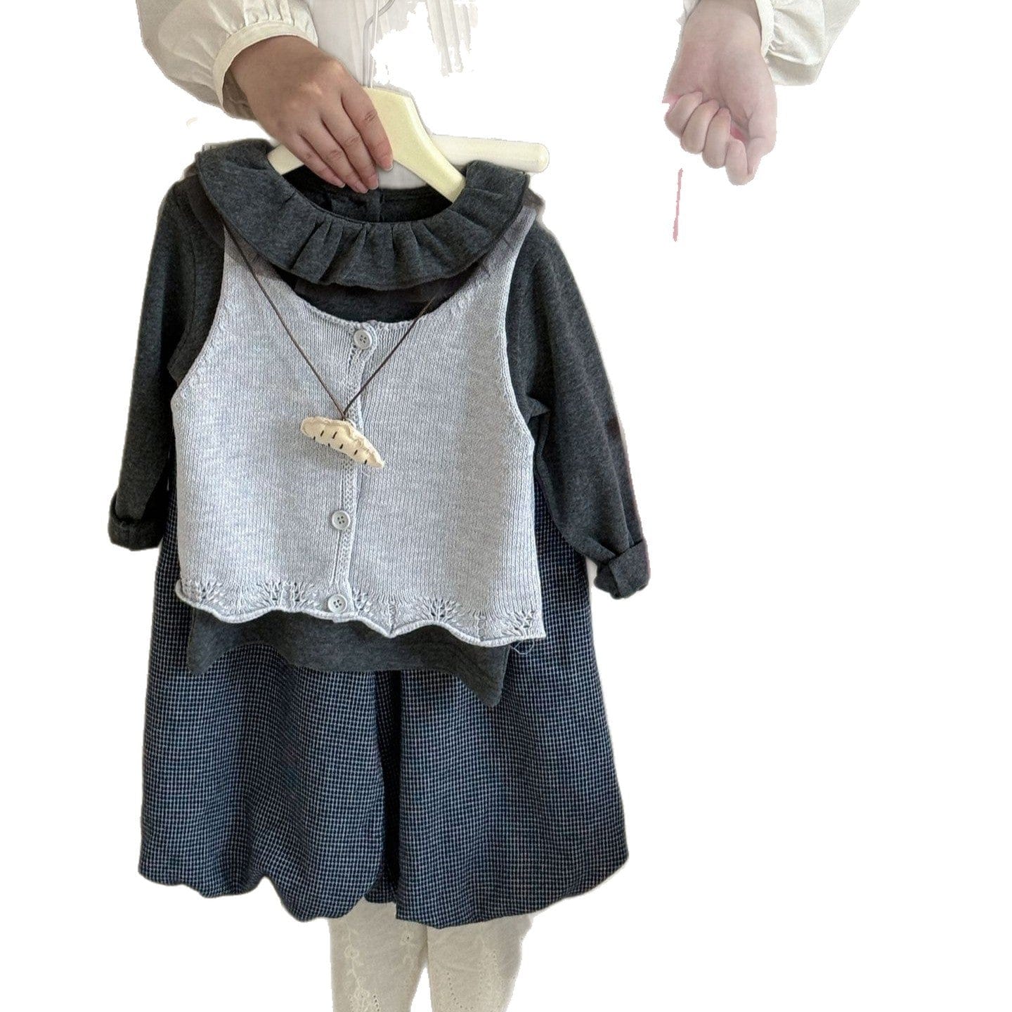 長袖セットアップ ニット前あきベスト/ラッフル襟長袖Tシャツ/ピンドットバルーンルーズロングパンツ【mh0010537】