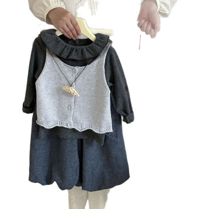 長袖セットアップ ニット前あきベスト/ラッフル襟長袖Tシャツ/ピンドットバルーンルーズロングパンツ【mh0010537】