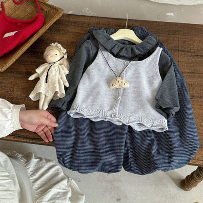 長袖セットアップ ニット前あきベスト/ラッフル襟長袖Tシャツ/ピンドットバルーンルーズロングパンツ【mh0010537】