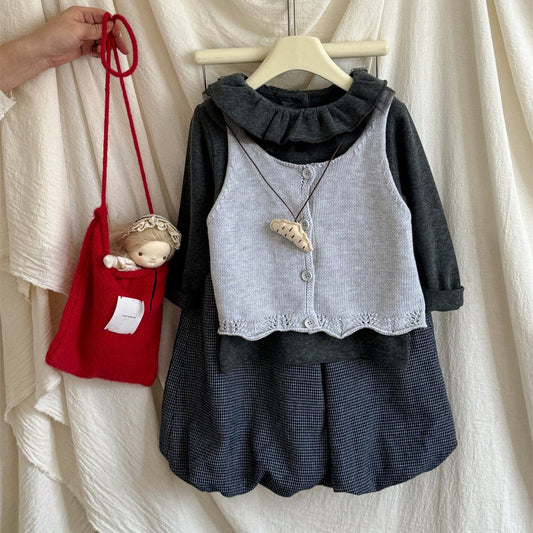 長袖セットアップ ニット前あきベスト/ラッフル襟長袖Tシャツ/ピンドットバルーンルーズロングパンツ【mh0010537】