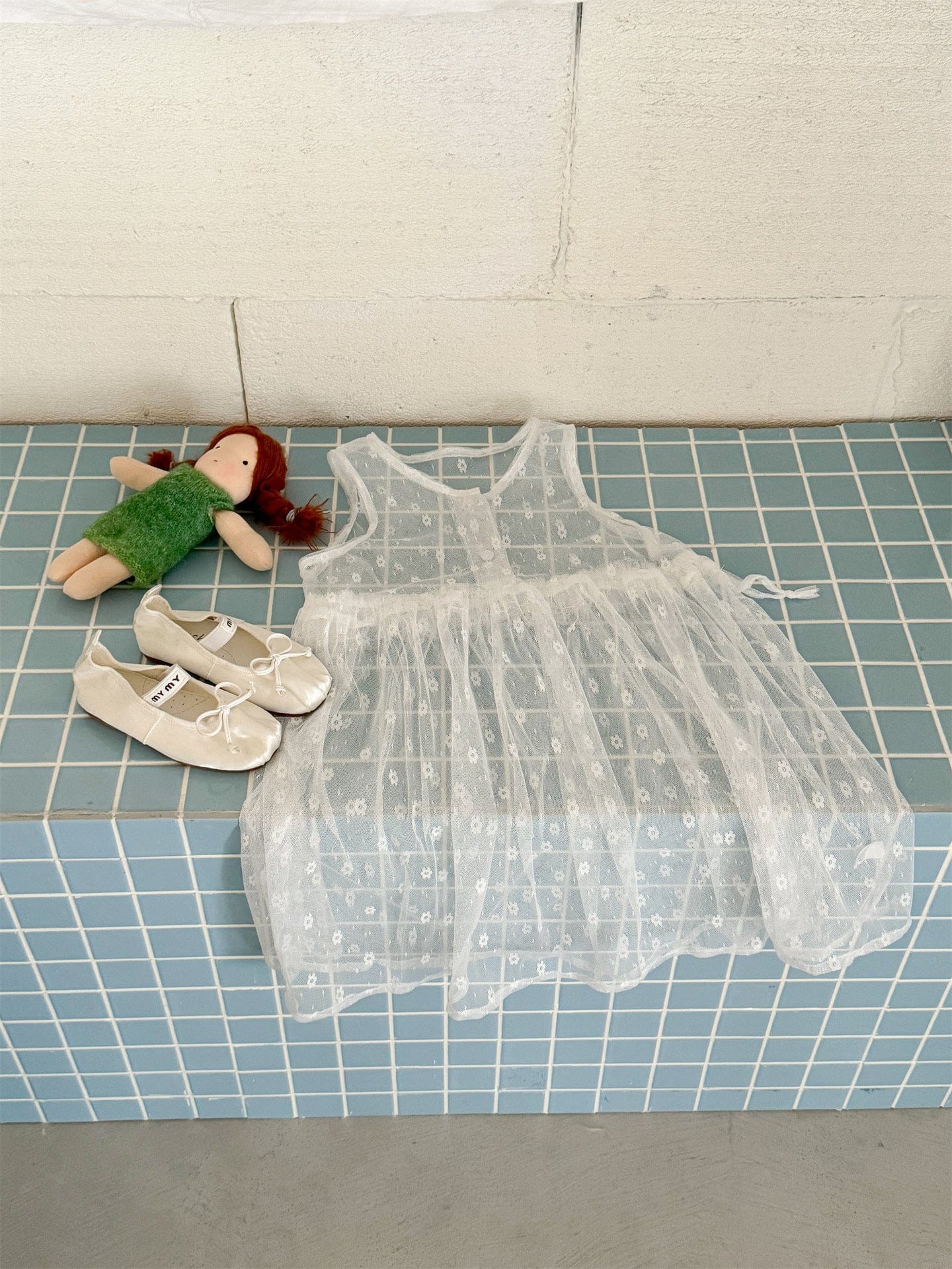 ノースリーブワンピース White / 90cm 総レースノースリーブ重ね着オーバーワンピース レイヤードドレス【mh0009219】