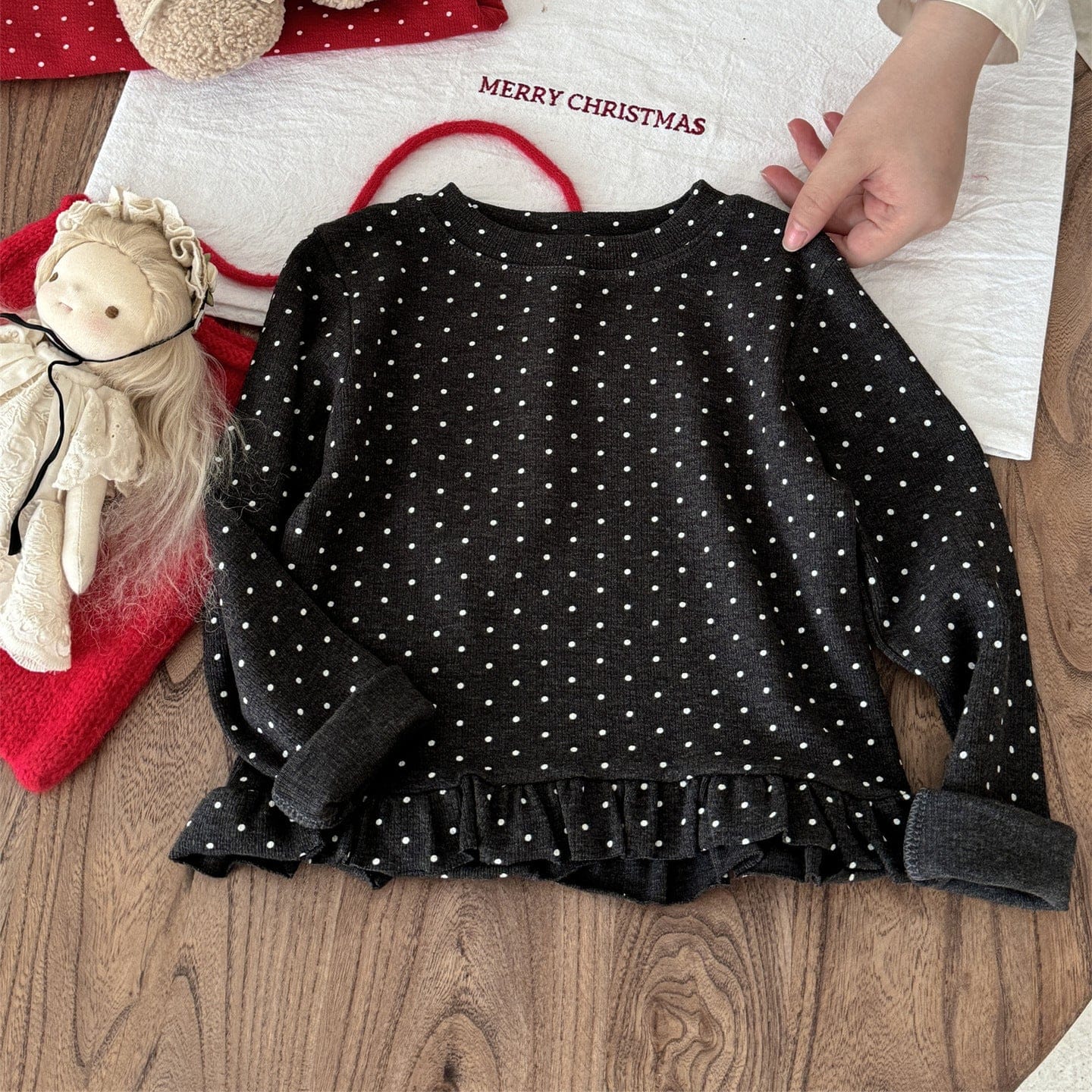 長袖Tシャツ Dark Gray / 90cm ドット柄フリルヘム長袖Tシャツ キッズカットソー【mh0011004】