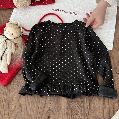 長袖Tシャツ Dark Gray / 90cm ドット柄フリルヘム長袖Tシャツ キッズカットソー【mh0011004】