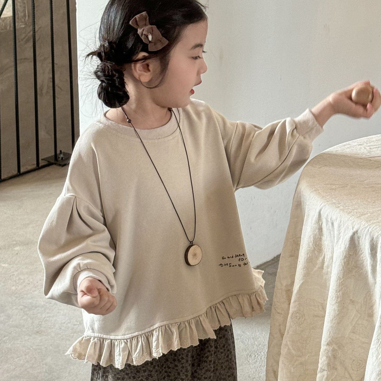 長袖Tシャツ 長袖ルーズフリル肩落ちパフスリーブスウェットシャツトップス【mh0009216】