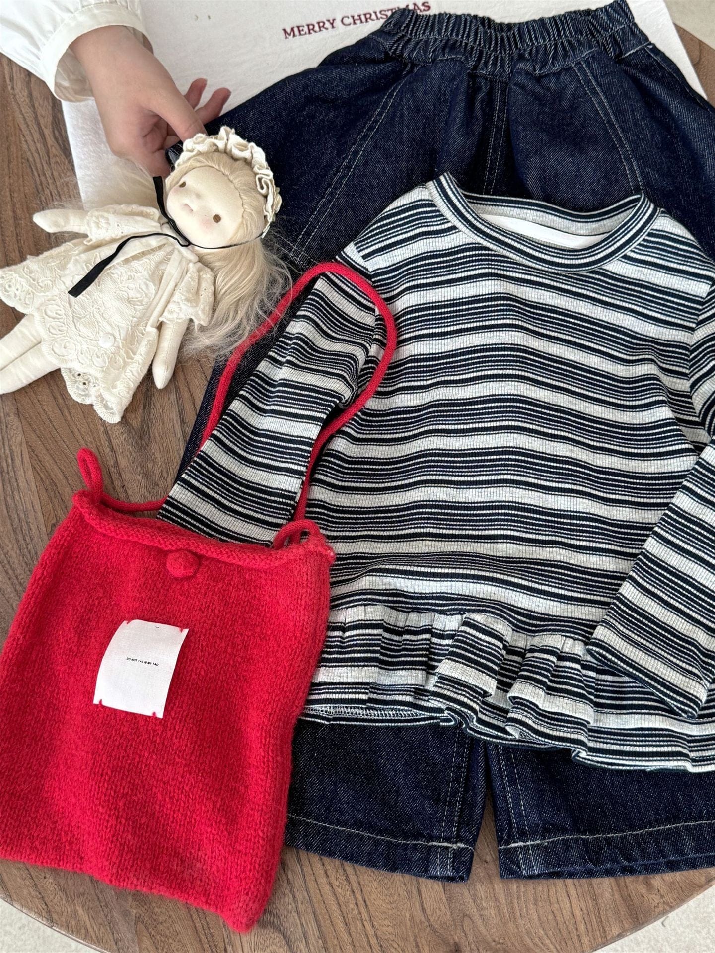 長袖Tシャツ ボーダー柄フリルヘムニットトップス キッズ長袖カットソー【mh0010996】