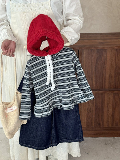 長袖Tシャツ ボーダー柄フリルヘムニットトップス キッズ長袖カットソー【mh0010996】