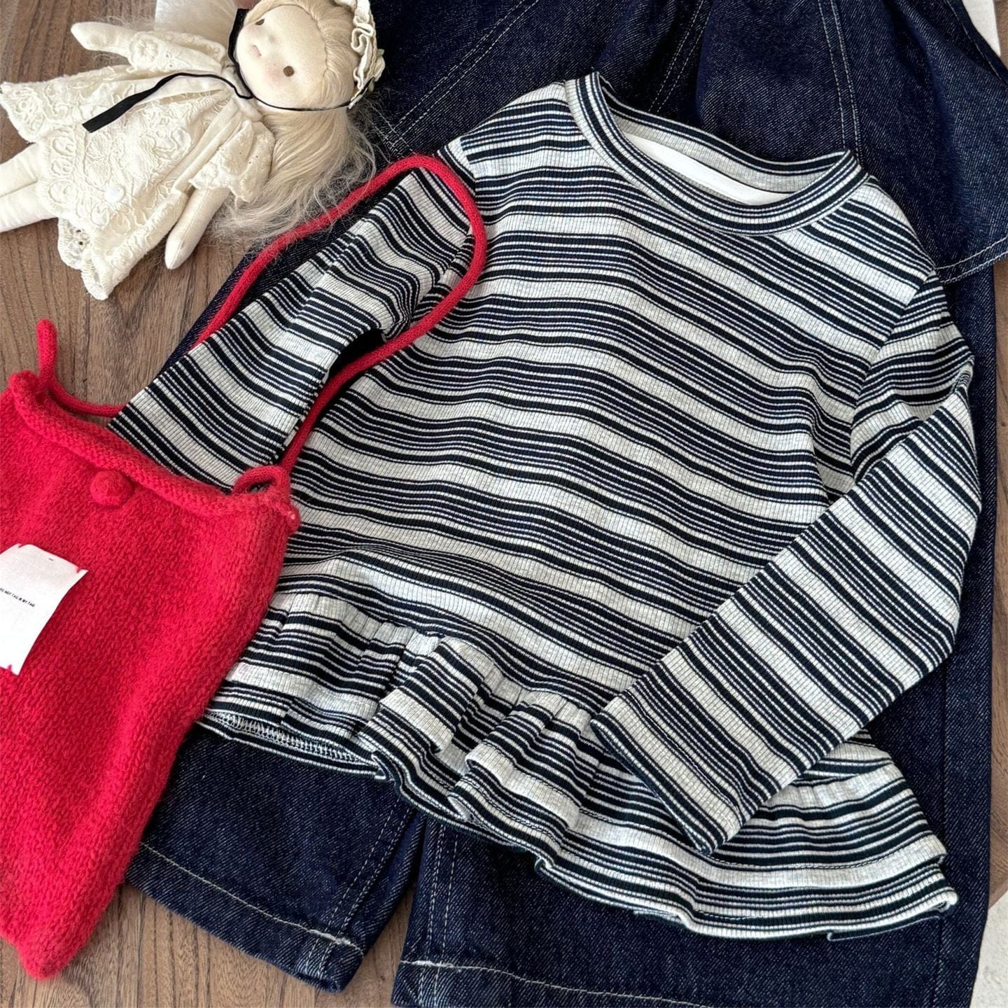 長袖Tシャツ ボーダー柄フリルヘムニットトップス キッズ長袖カットソー【mh0010996】