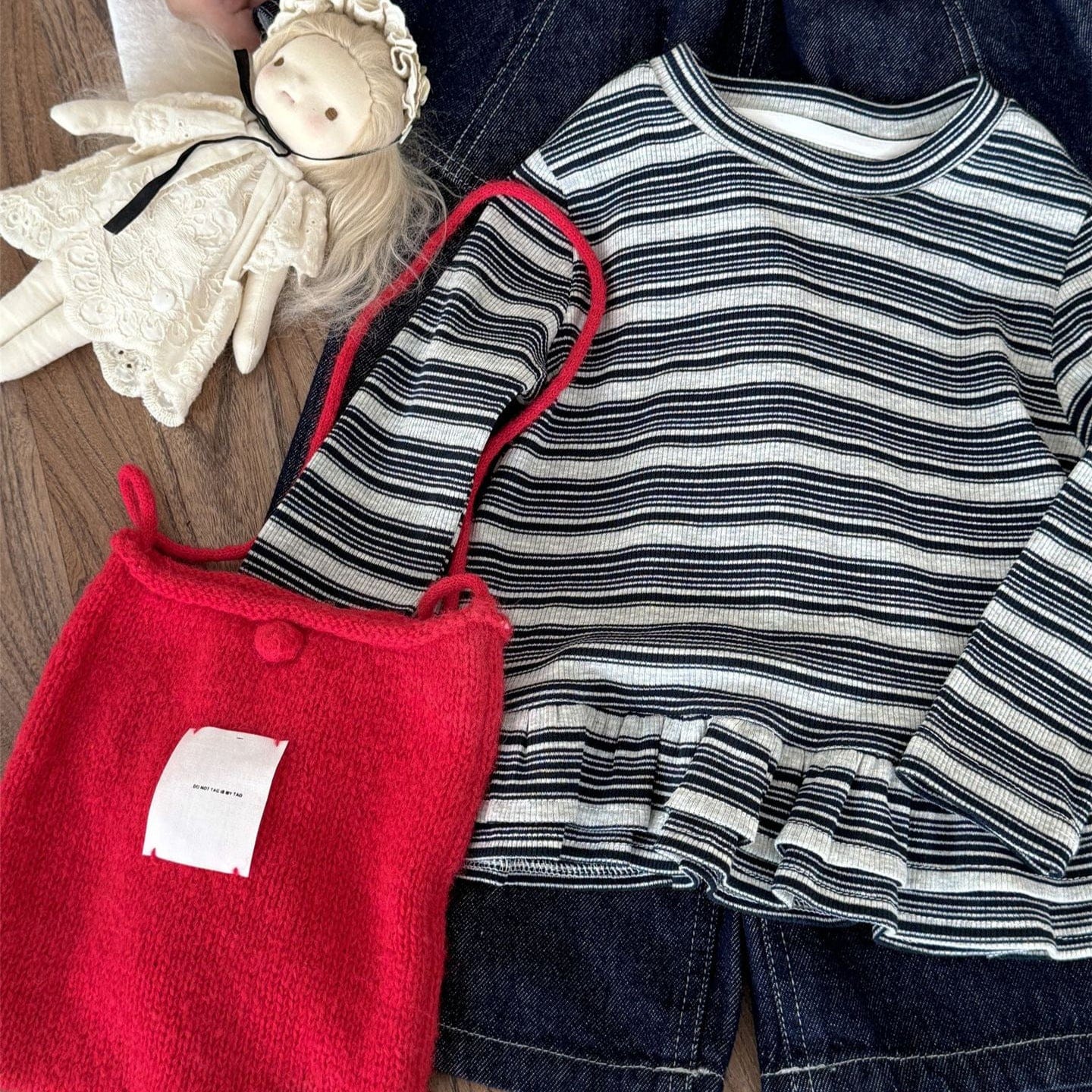 長袖Tシャツ ボーダー柄フリルヘムニットトップス キッズ長袖カットソー【mh0010996】