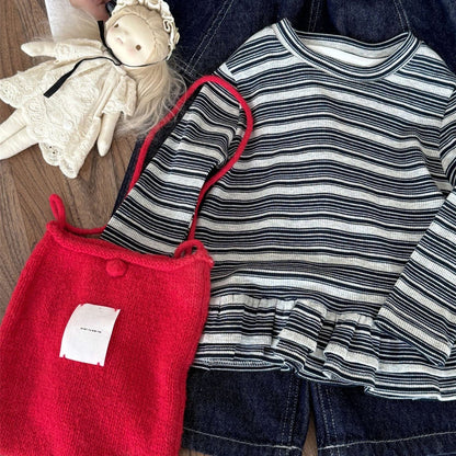 長袖Tシャツ ボーダー柄フリルヘムニットトップス キッズ長袖カットソー【mh0010996】