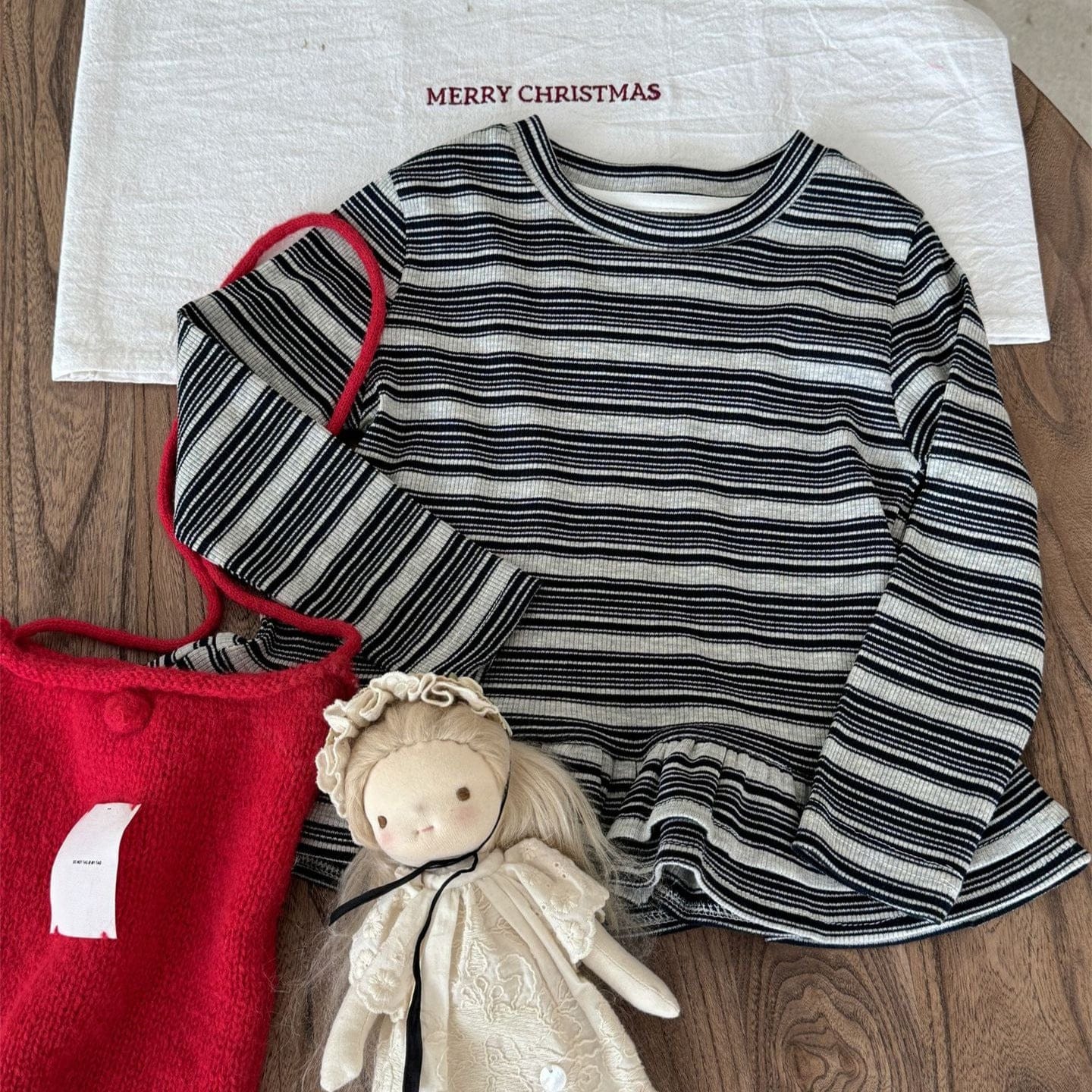 長袖Tシャツ ボーダー柄フリルヘムニットトップス キッズ長袖カットソー【mh0010996】