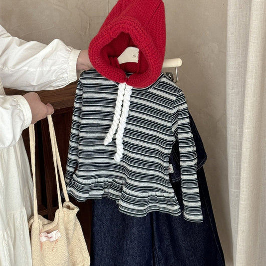 長袖Tシャツ ボーダー柄フリルヘムニットトップス キッズ長袖カットソー【mh0010996】