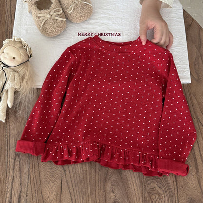 長袖Tシャツ Red / 90cm ドット柄フリルヘム長袖Tシャツ キッズカットソー【mh0011004】
