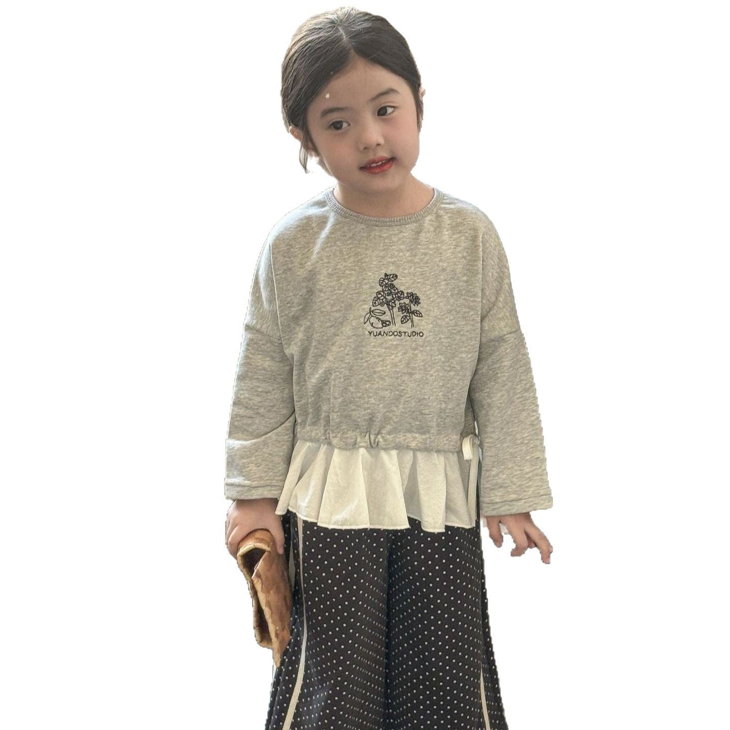 長袖Tシャツ 刺繍ワンポイントレース裾長袖スウェットTシャツ【mh0009223】